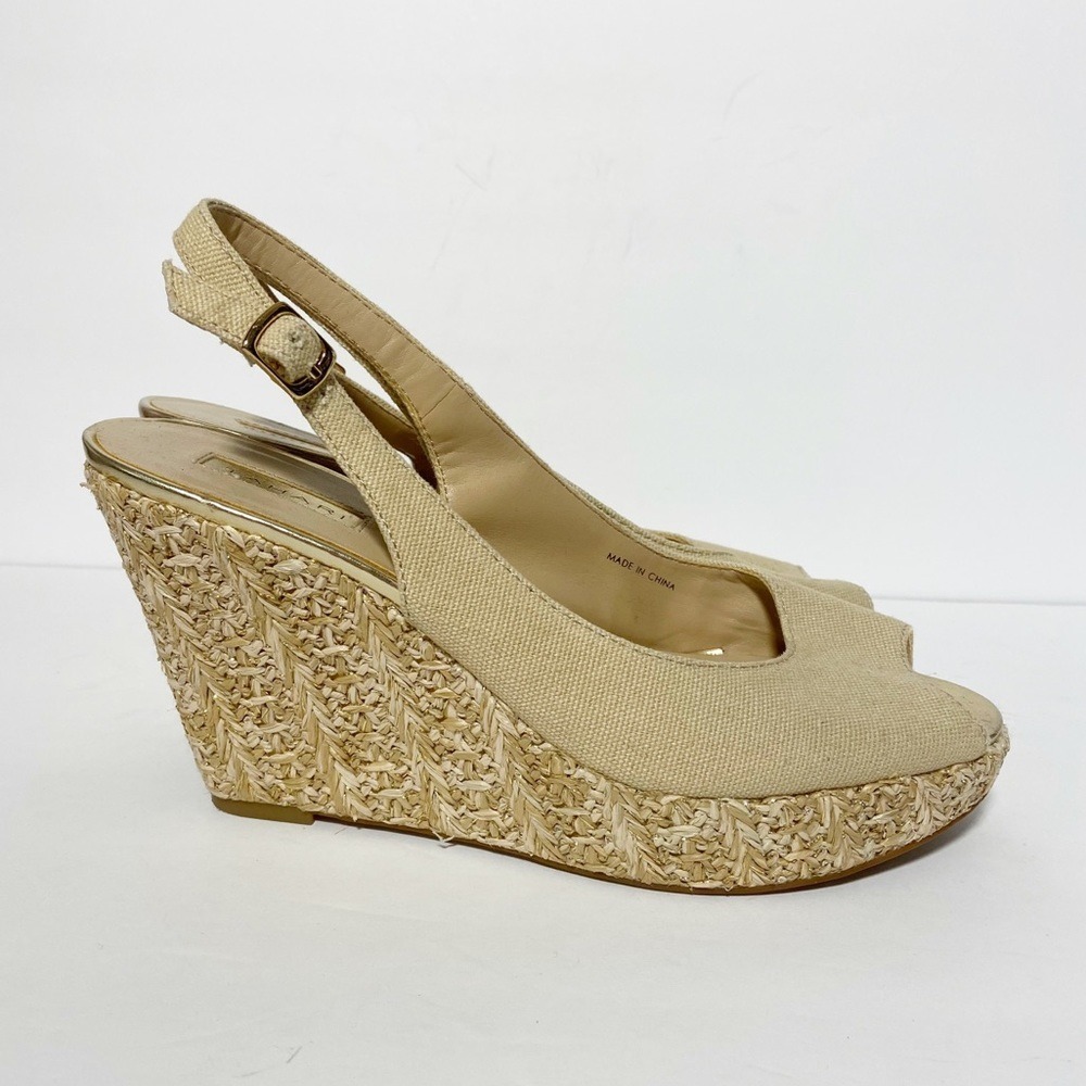 Tahari Taylor Wedge Sandals Women 7M Tan Canvas Espadrille Slingback Peep Toe
